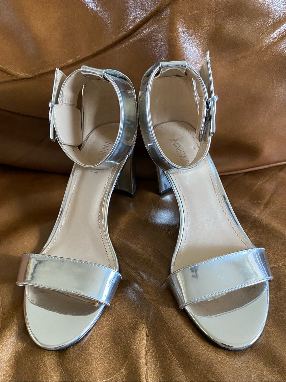 NINE WEST Tanela Chrome Metallic Silver Block Heel Dress Sandals Size 7.5